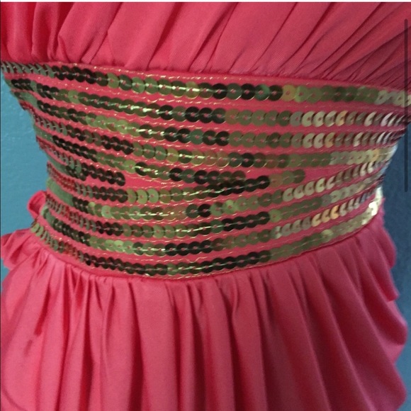 Vintage Bebe Goddess Dress RARE - Coral + Gold Sequin, Small, 2B Bebe - Picture 5 of 11